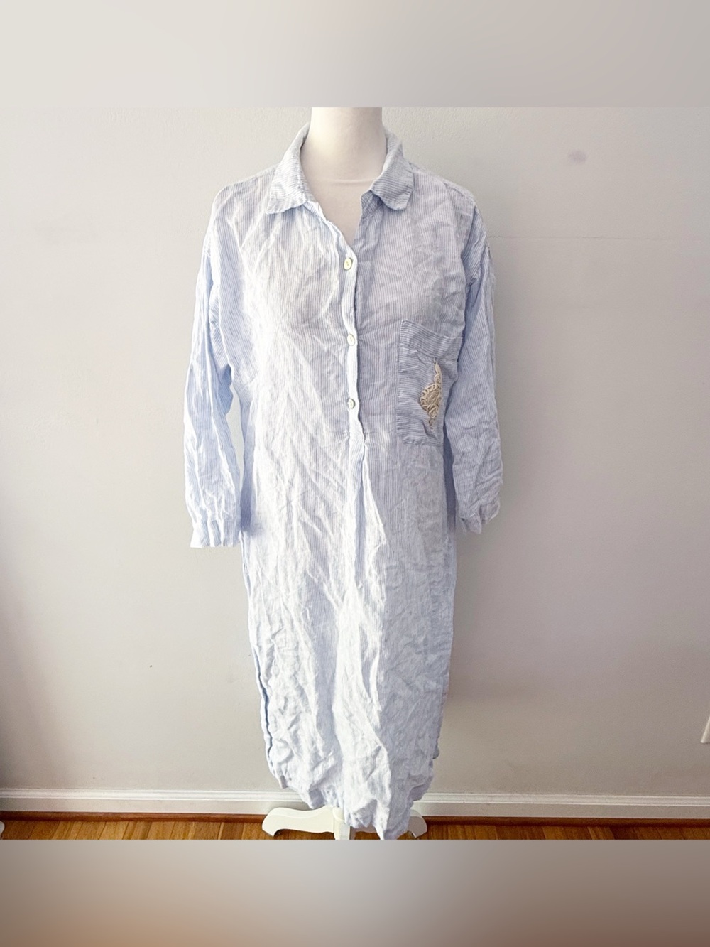 Soft Surroundings Women 100% Linen Stripe Tunic Dress Medium Lagenlook Coastal‎